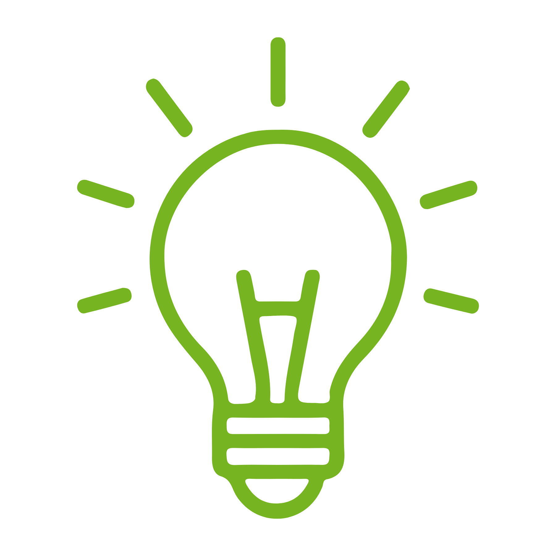 A green line-art icon of a lit lightbulb on a light gray background.