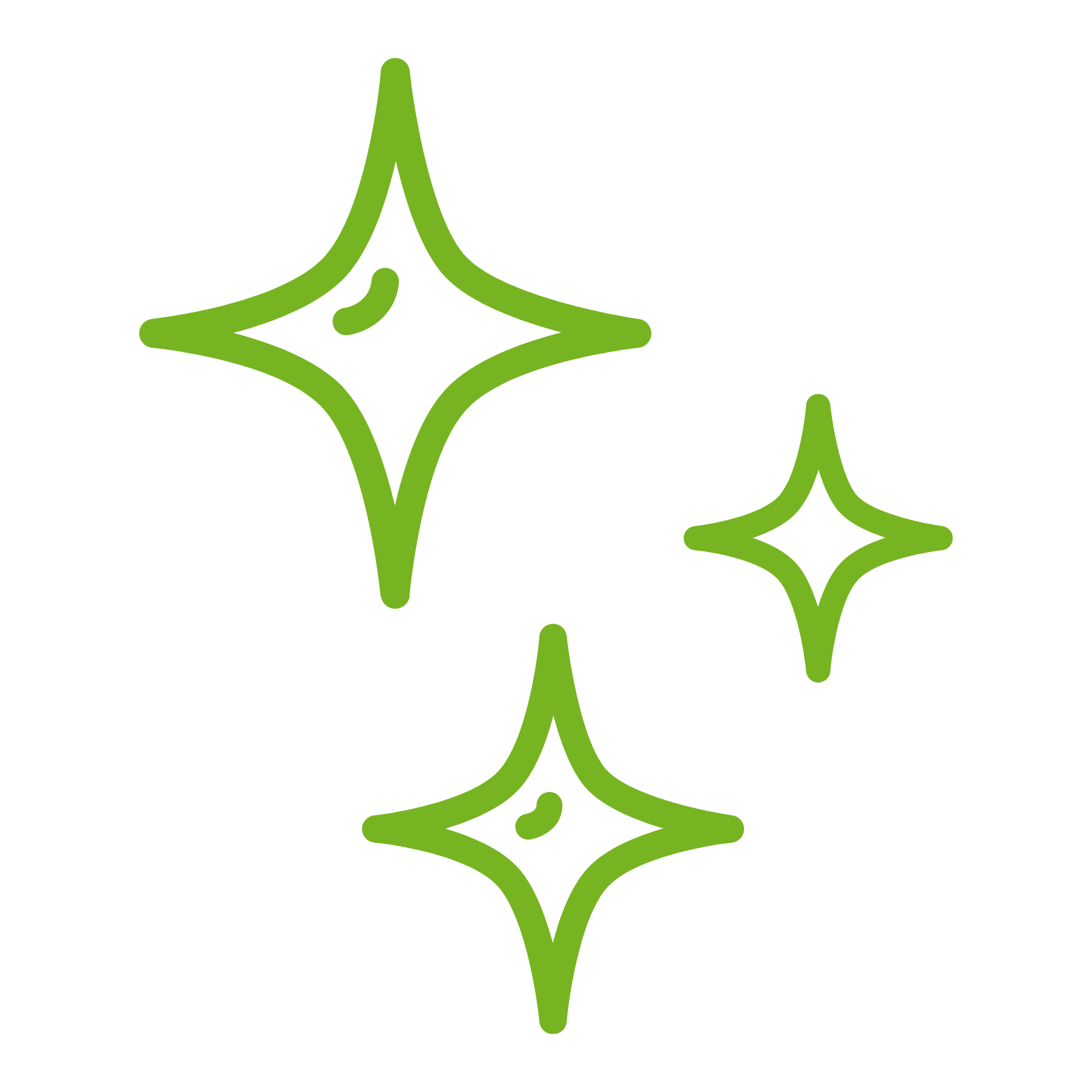 A green line art icon of three four-pointed stars of varying sizes, representing sparkles.