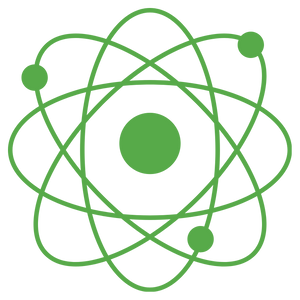 A green icon of an atom, with a nucleus and three electrons in intersecting orbits.