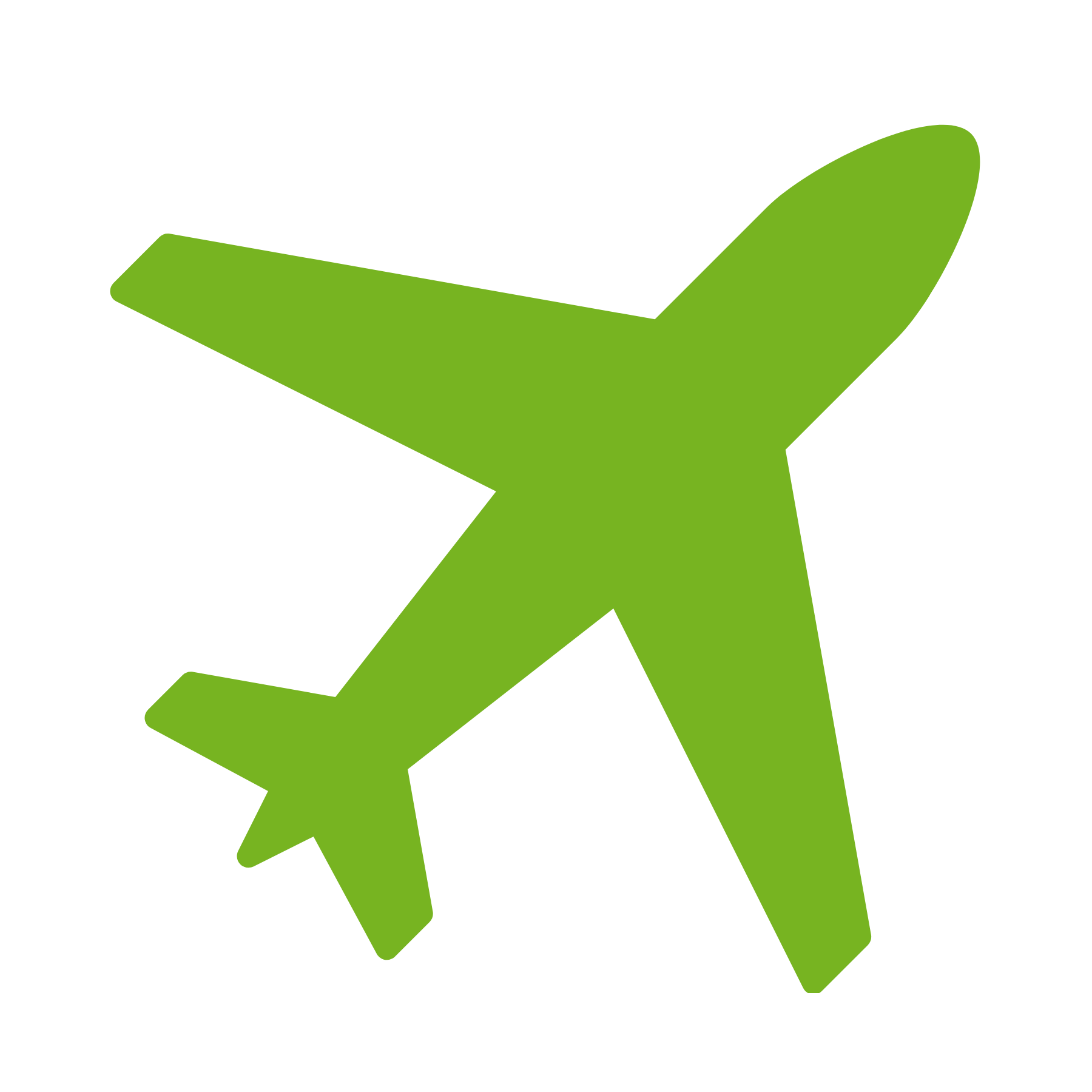A solid green silhouette icon of an airplane on a light gray background.